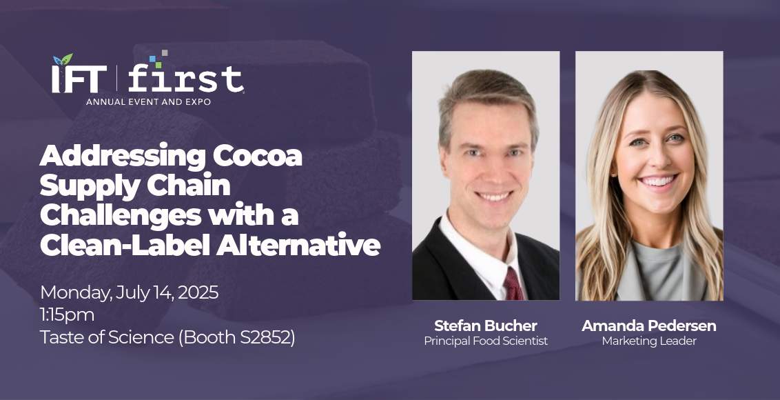 Text reading, "Addressing Cocoa Supply Chain Challenges with a Clean-Label Alternative"; headshot of Stefan Bucher and Amanda Pedersen