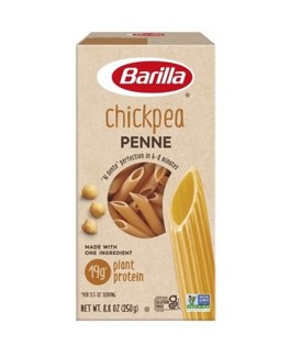 A box of Barilla branded chickpea penne pasta with a plant protein claim