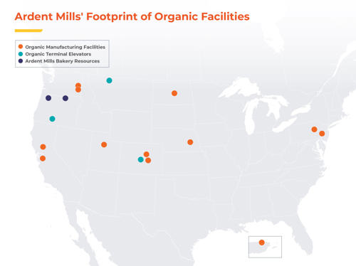 A map of the United States indicating where Ardent Mills' organic facilities are